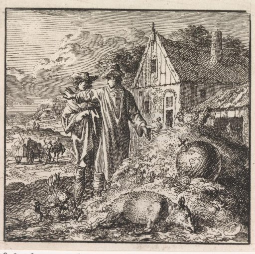 Two men at a dung heap on which a pig and the world lie