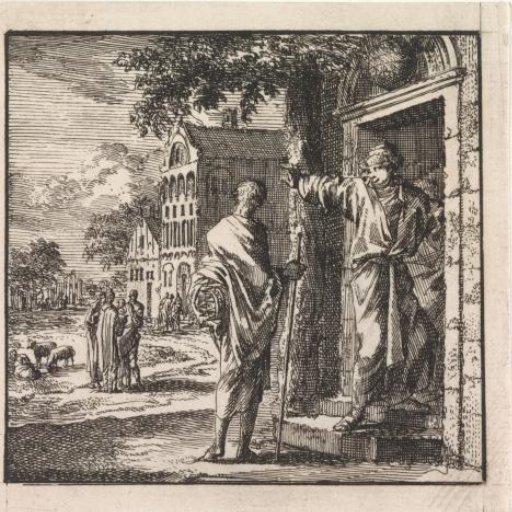 Man is denied access to a house, with a globe on the facade