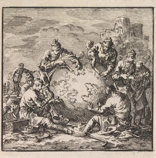 Several figures attempt to secure a piece of the globe for themselves