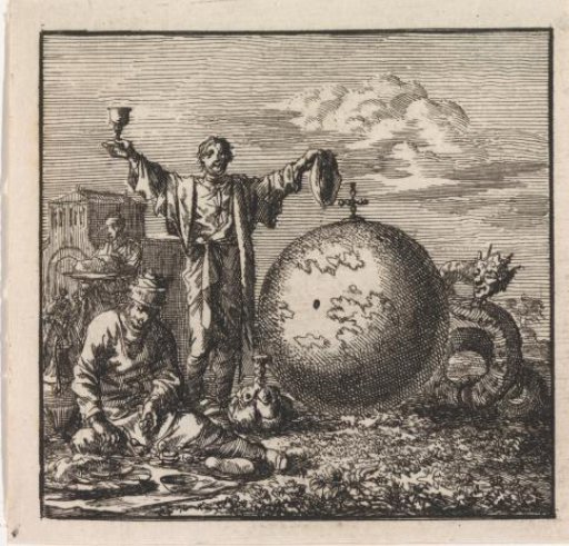 Two men enjoy drink and food while Satan watches from behind the globe