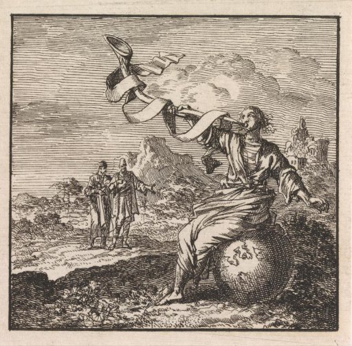 Woman blows a trumpet from the globe