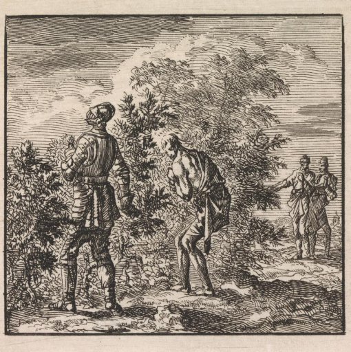 Armored man and a half-naked man try to walk through a thicket