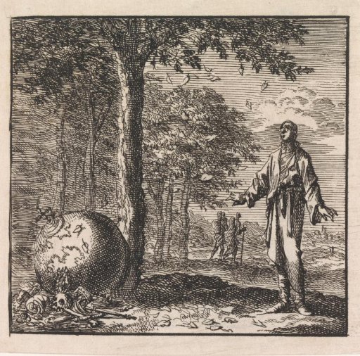 Man sees how a tree loses its leaves and at the trunk the world lies amidst bones