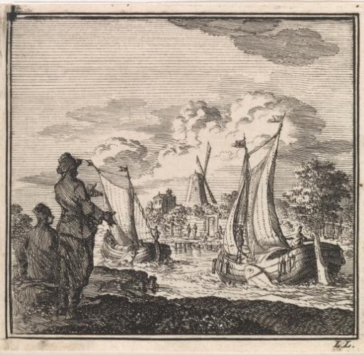Two men looking at passing sailing ships