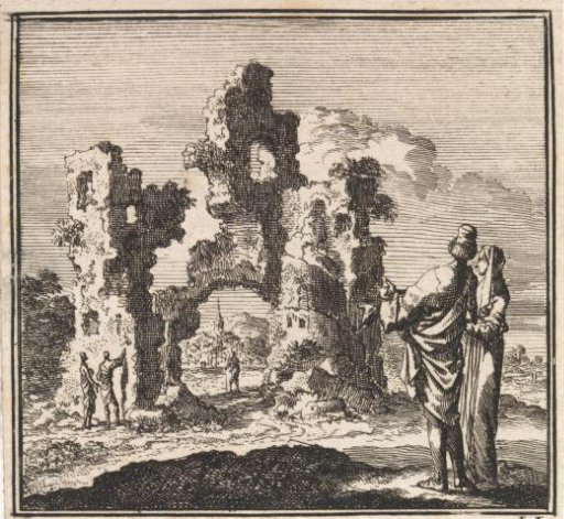 Two figures looking at the ruins of a castle