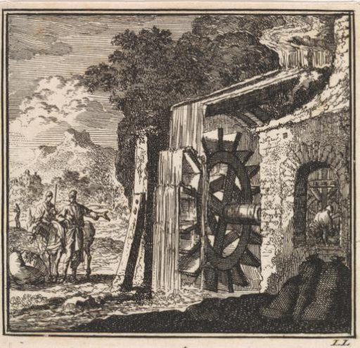 Travelers at a watermill