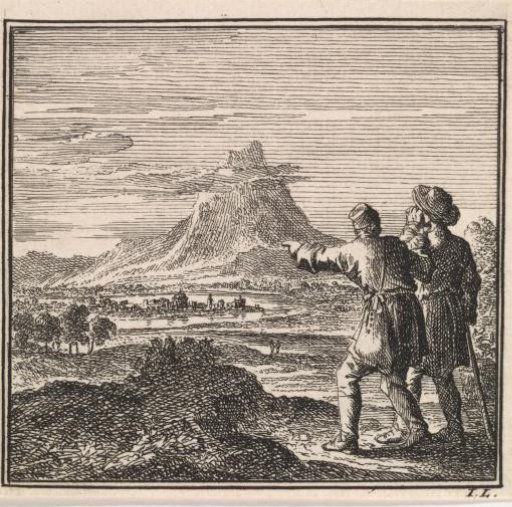 Two walkers look out over a vast landscape