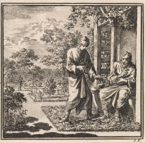 Two men in a garden near a summerhouse