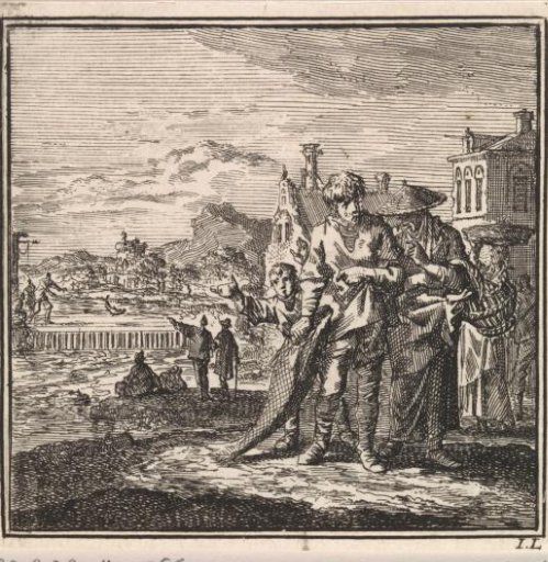 Fisherman showing a salmon to a woman and child