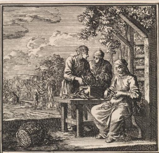 Three figures shelling peas near a summerhouse