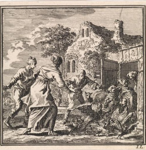 Three figures driving sheep and poultry into their shed