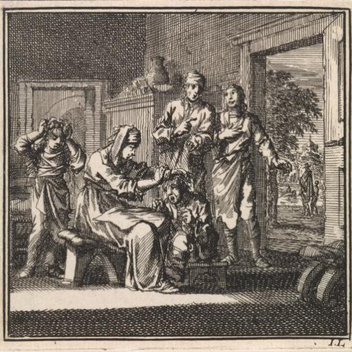 In a room, a woman combs a child's hair while a second child waits their turn