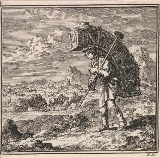 Hilly landscape with a glass seller bent under his wares