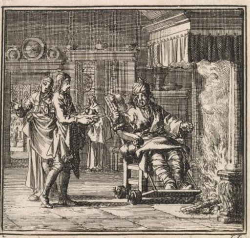 Man with gout having food served before the fireplace
