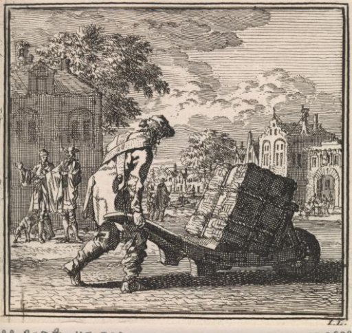 Man transporting a heavy package on a wheelbarrow