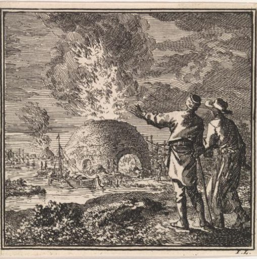Two men pointing at a burning lime kiln