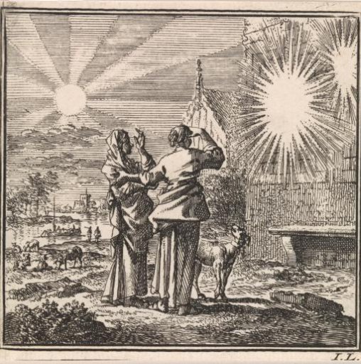 Two women shielding their eyes against the reflection of the sun on a window