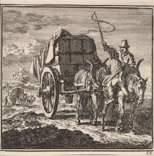 Heavily laden cart drawn by two horses
