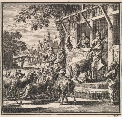 Sheep being led into a butcher's shop