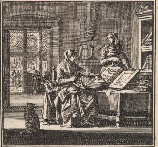 In a room two women standing by an open Bible