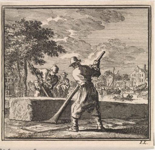 Two men move a beam with levers