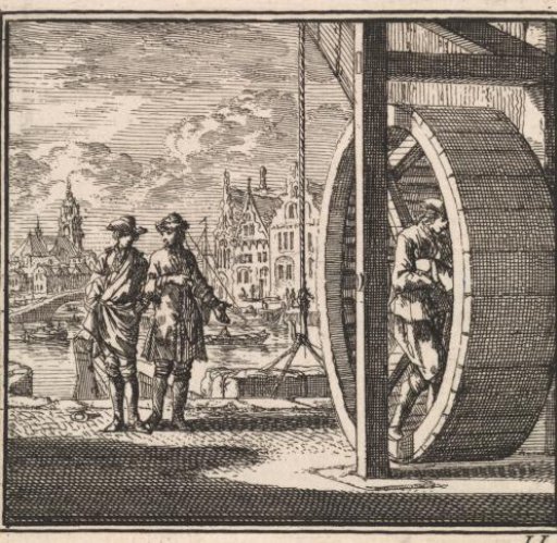 On a quay goods are unloaded with the aid of a treadwheel