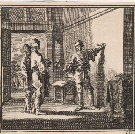 A man about to drive a nail into the wall while two others watch