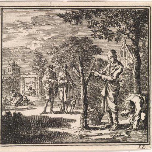 In a garden a man busy with grafting