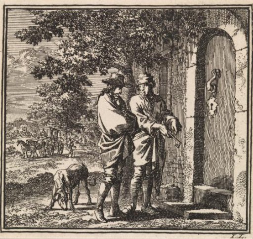 Two men with a key before a closed door