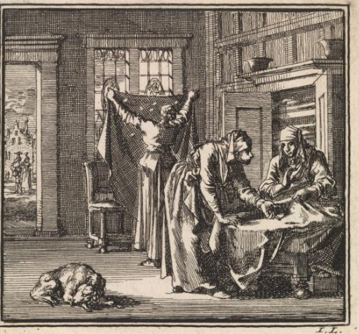 Women examining their sheets for moth holes