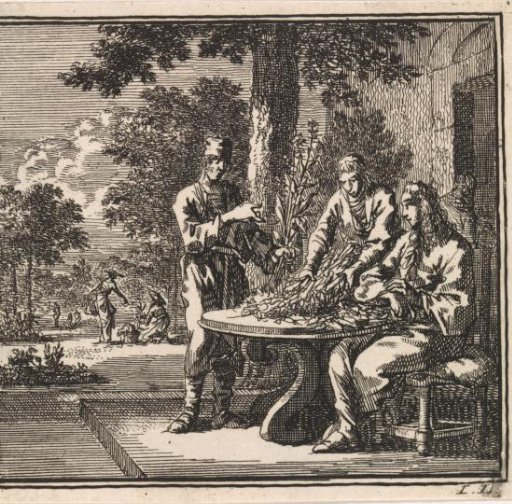 Man inspecting the plants that two men have brought him