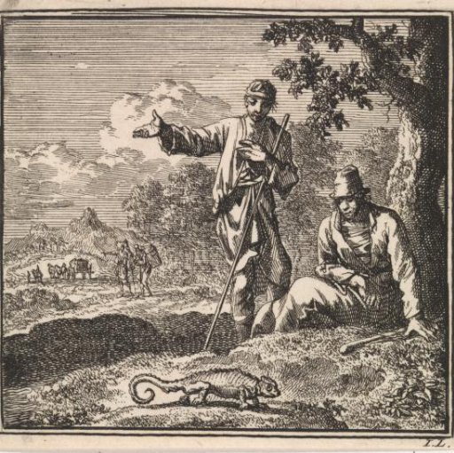 Two men examining a chameleon