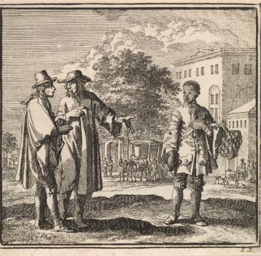 Two men pointing at a black boy
