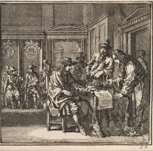 In a room, several men are busy with money