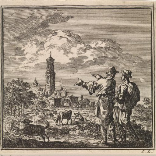 Two men looking at a church tower