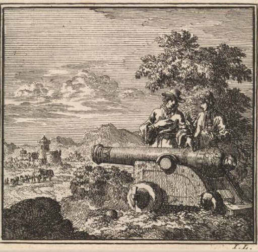 Two men by a ship's cannon