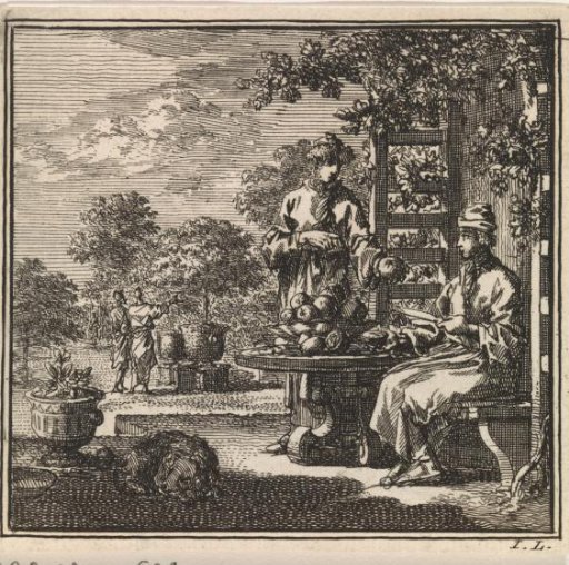 View of a garden where two men examine oranges