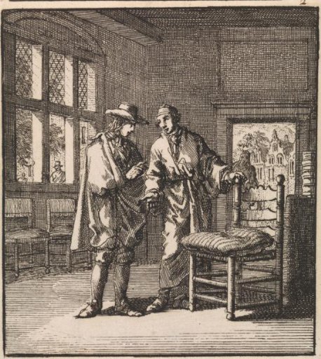 A man showing a chair with a rush seat and a cushion to another man