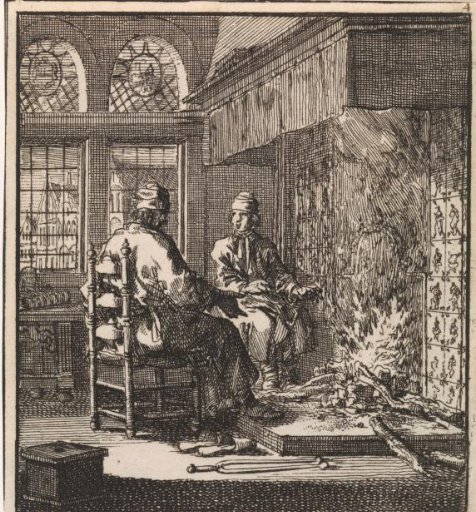 Two men warming themselves by the fireplace