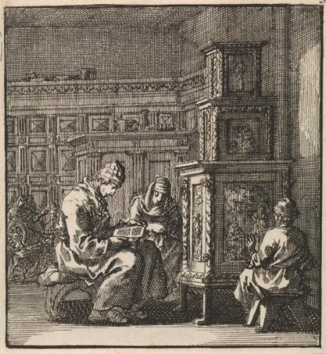 Three figures warming themselves by a stove