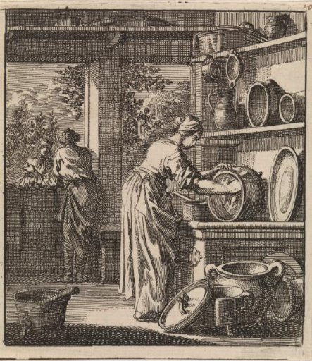 A woman cleaning a cooking pot
