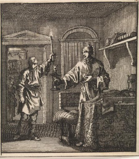 A man putting a burning candle into the candlestick which another man holds ready for him