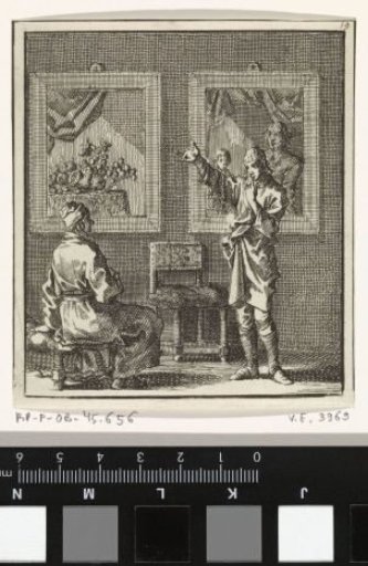 A young man talking about the paintings hanging behind him
