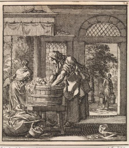 Woman washing linen in a wash tub