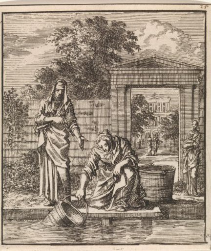 On a jetty a woman fills a bucket with water