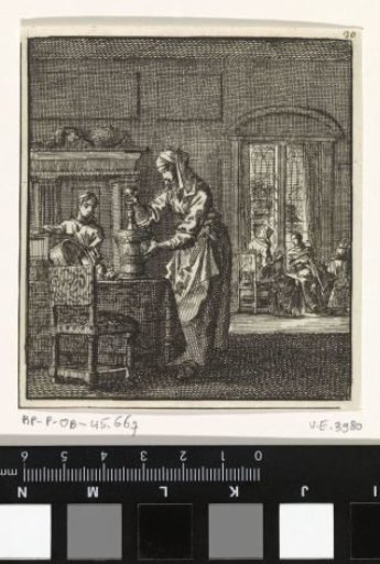 Woman grinding something with a mortar while a child looks on