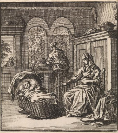 Woman next to a cradle in which a baby lies