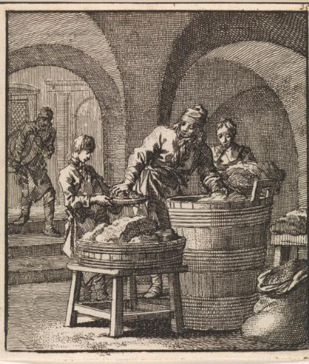 Men putting pieces of meat and salt into a vat