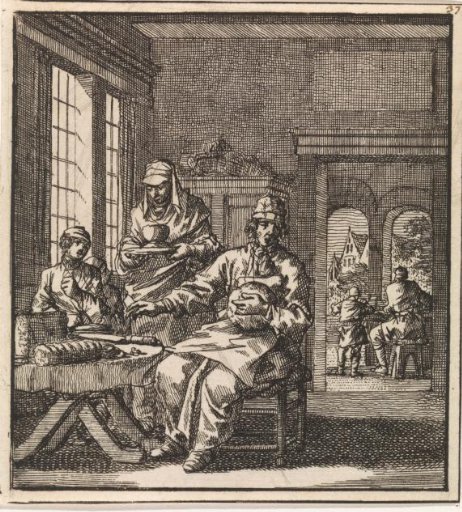 Several figures by a table with bread and a knife