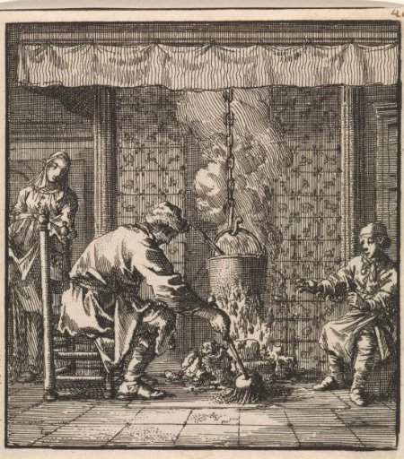 Man sweeping ashes towards a burning fireplace